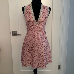 Floral Pink Sleeveless Dress with Lace Trim